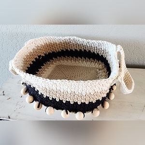 Cotton Basket Bag Handmade Crochet Boho Bag w/ Wooden Beads Boho Nursery Basket